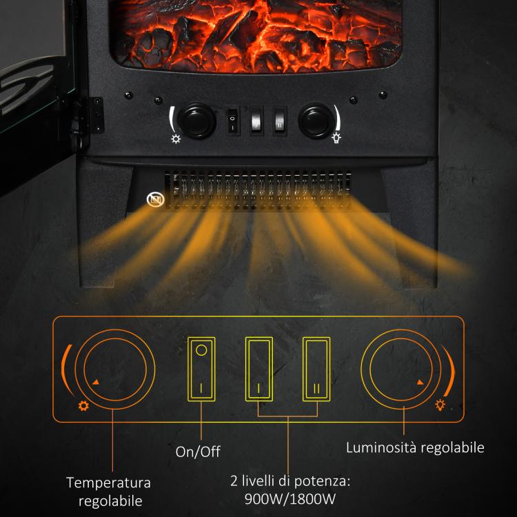 Camino elettrico con effetto fiamma e visione su 3 lati, temperatura regolabile (900W-1800W), protezione contro il surriscaldamento, copertura 20-25 m², 39x26x54,8 cm, nero