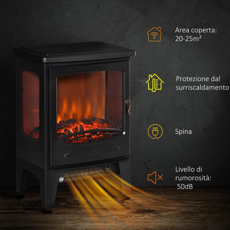Camino elettrico con effetto fiamma e visione su 3 lati, temperatura regolabile (900W-1800W), protezione contro il surriscaldamento, copertura 20-25 m², 39x26x54,8 cm, nero