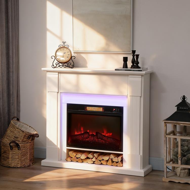 Recessed Electric Fireplace with 3D Flame Effect, RGB LED Light Strip, 1800W, Timer, Thermostat – White