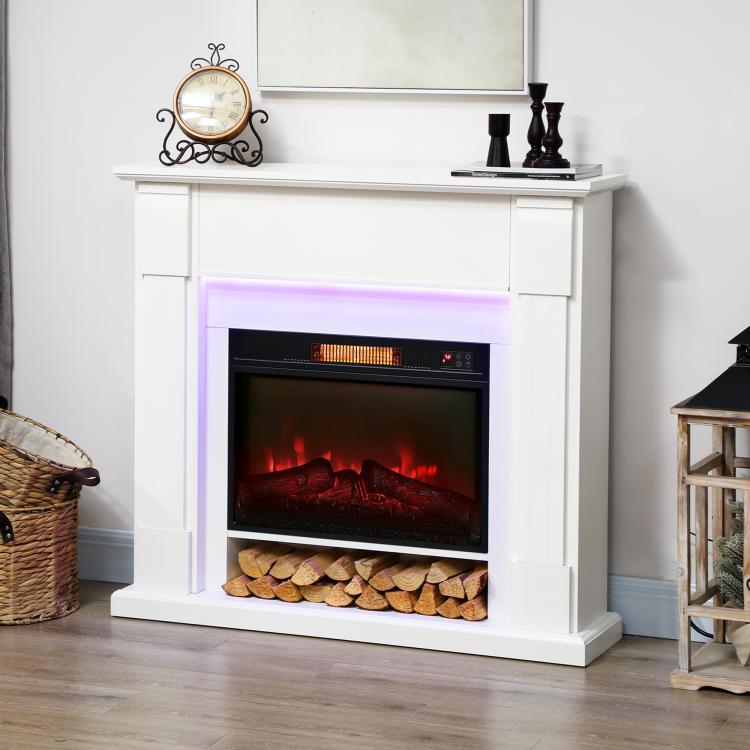 Recessed Electric Fireplace with 3D Flame Effect, RGB LED Light Strip, 1800W, Timer, Thermostat – White