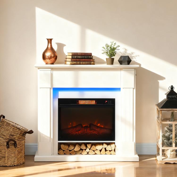 Recessed Electric Fireplace with 3D Flame Effect, RGB LED Light Strip, 1800W, Timer, Thermostat – White