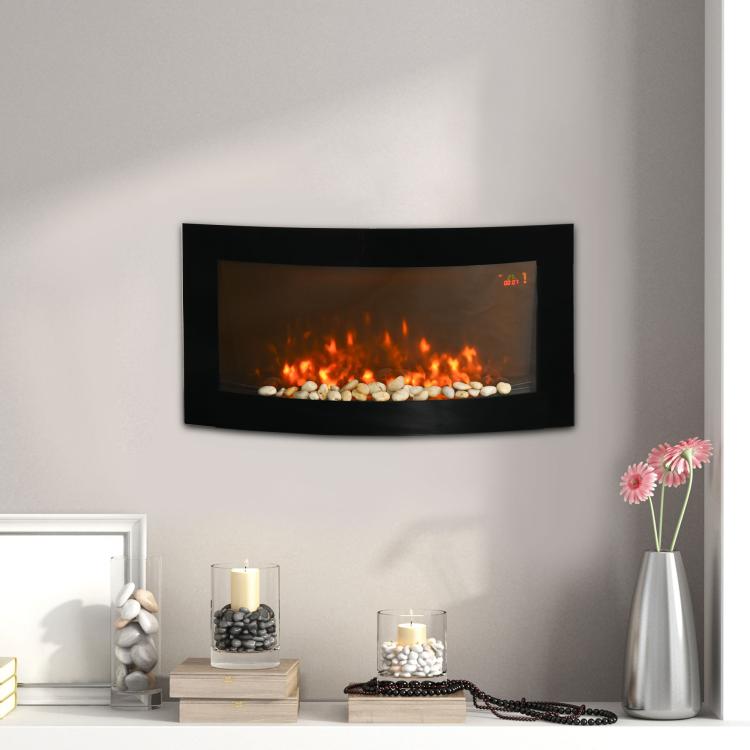 Wall-Mounted Electric Fireplace 1000W/2000W with Adjustable Temperature, Flame Effect, and Remote Control – 89.2 x 13.5 x 48 cm – Black