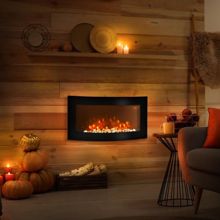 Wall-Mounted Electric Fireplace 1000W/2000W with Adjustable Temperature, Flame Effect, and Remote Control – 89.2 x 13.5 x 48 cm – Black