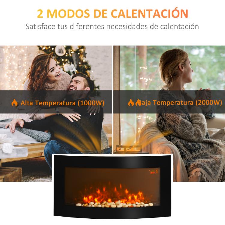 Wall-Mounted Electric Fireplace 1000W/2000W with Adjustable Temperature, Flame Effect, and Remote Control – 89.2 x 13.5 x 48 cm – Black