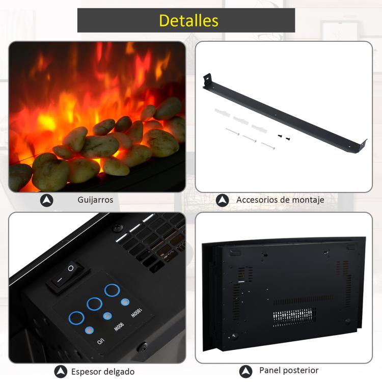 900/1800W Wall-Mounted Electric Fireplace – Quiet Operation, Remote Control, Thermostat, Flame Effect – Black