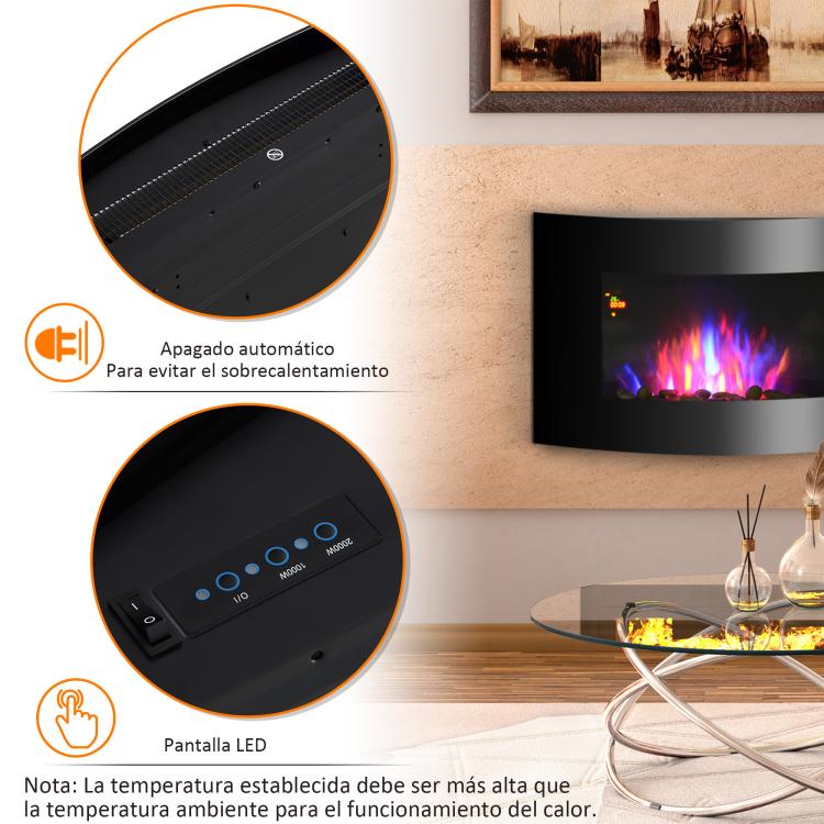 900/1800W Wall-Mounted Electric Fireplace – Quiet Operation, Remote Control, Thermostat, Flame Effect – Black