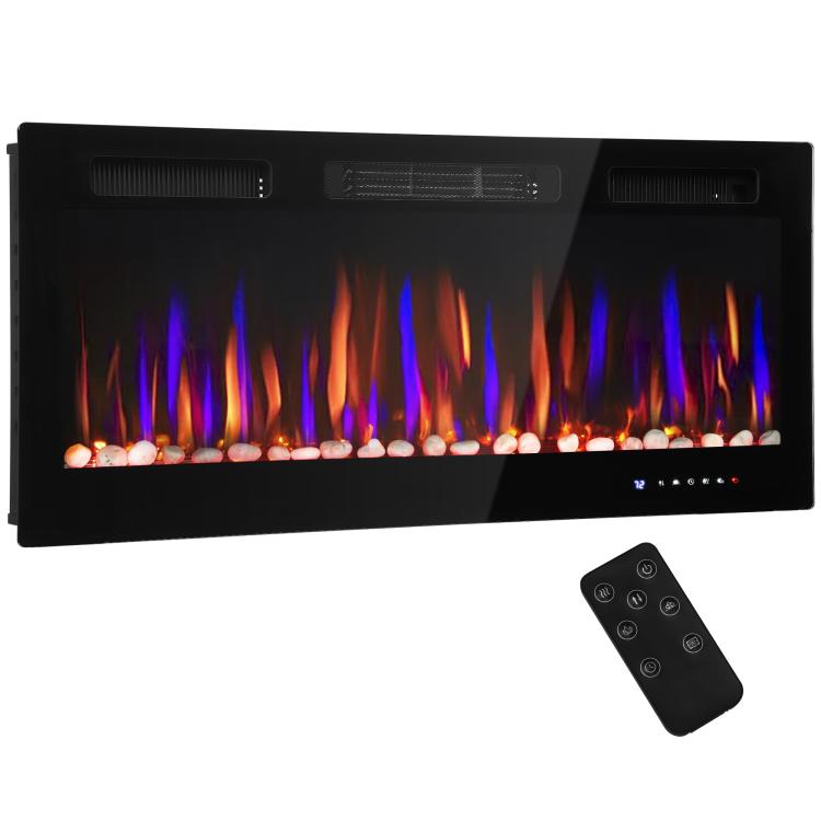 Ultra-thin Recessed Wall-Mounted Electric Fireplace with 3D Flame (Adjustable Brightness/Speed), 12 Pebble Colors, and 900/1800W Output