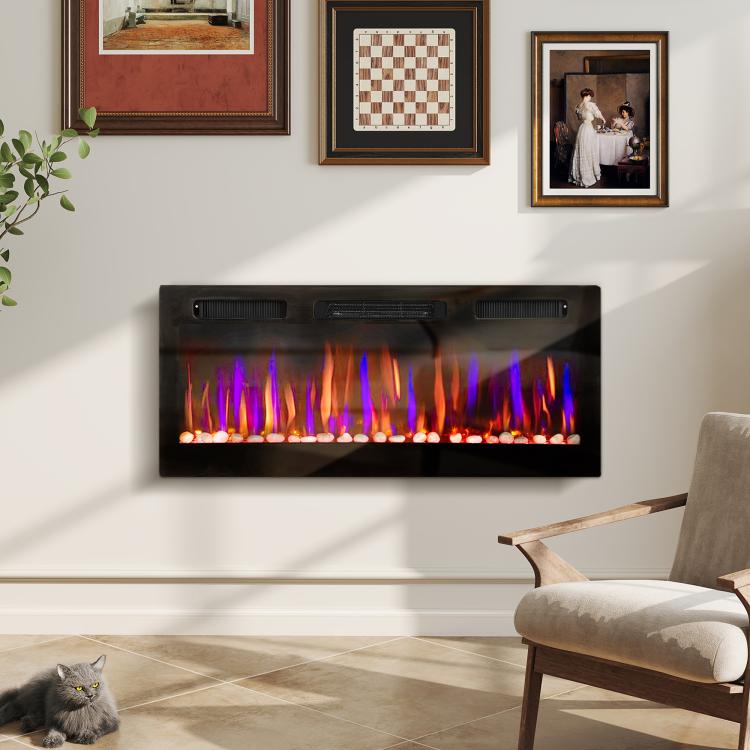 Ultra-thin Recessed Wall-Mounted Electric Fireplace with 3D Flame (Adjustable Brightness/Speed), 12 Pebble Colors, and 900/1800W Output