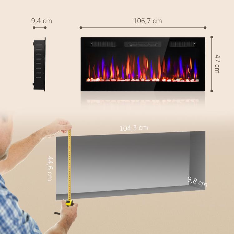 Ultra-thin Recessed Wall-Mounted Electric Fireplace with 3D Flame (Adjustable Brightness/Speed), 12 Pebble Colors, and 900/1800W Output