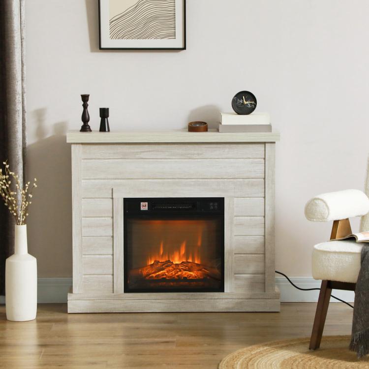 1800W Electric Fireplace with Flame Effect and Remote Control – Wood, Metal, and Glass – 96.5 x 22 x 81.7 cm – Light Grey