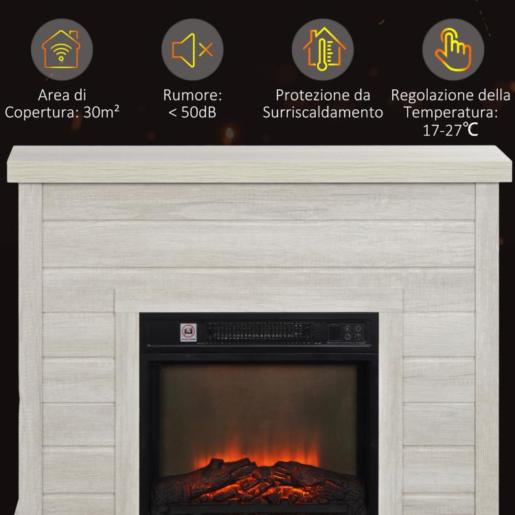 1800W Electric Fireplace with Flame Effect and Remote Control – Wood, Metal, and Glass – 96.5 x 22 x 81.7 cm – Light Grey