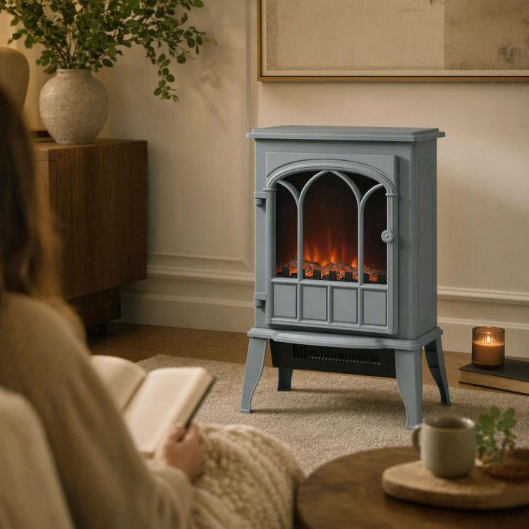 Freestanding Electric Fireplace, Electric Log Burner with LED Flame Effect, Overheating Safety System, 1000W/2000W Grey