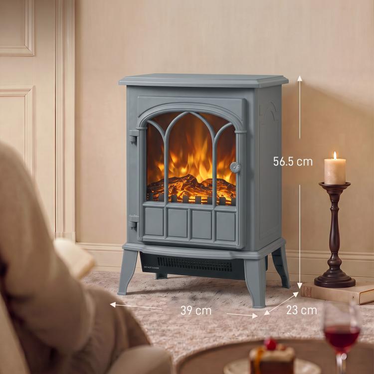 Freestanding Electric Fireplace, Electric Log Burner with LED Flame Effect, Overheating Safety System, 1000W/2000W Grey