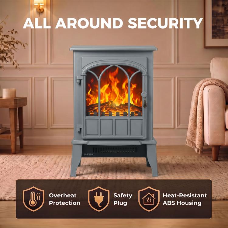 Freestanding Electric Fireplace, Electric Log Burner with LED Flame Effect, Overheating Safety System, 1000W/2000W Grey