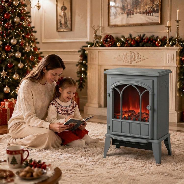 Freestanding Electric Fireplace, Electric Log Burner with LED Flame Effect, Overheating Safety System, 1000W/2000W Grey