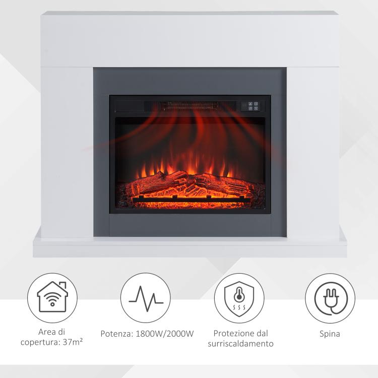 Wall-Mounted Electric Fireplace with LED Flame Effect and Timer, 37 square meter Coverage, 2000W - White
