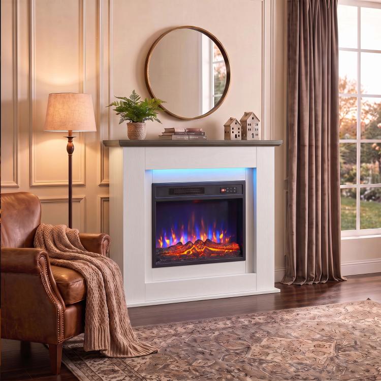 40 inch Electric Fireplace with Mantel, LED Strip, Fireplace TV Stand for 55 inch TVs, Adjustable Flame, White