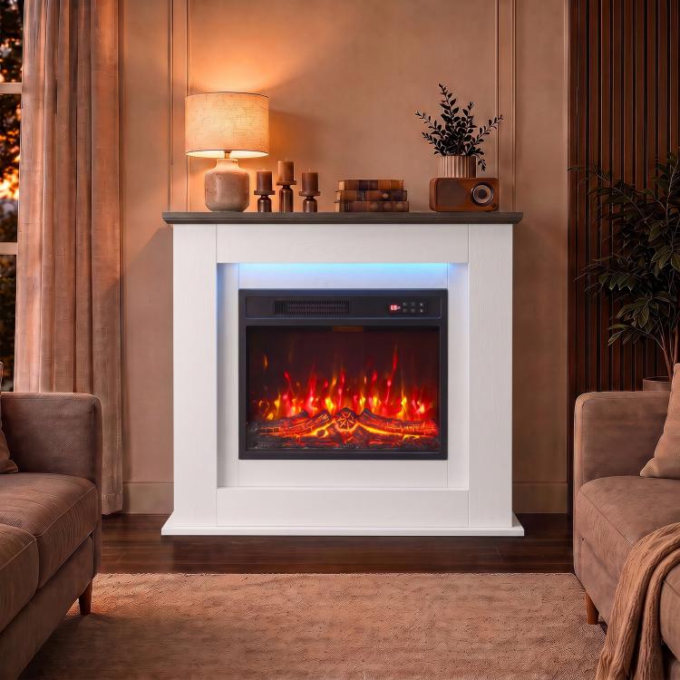 40 inch Electric Fireplace with Mantel, LED Strip, Fireplace TV Stand for 55 inch TVs, Adjustable Flame, White