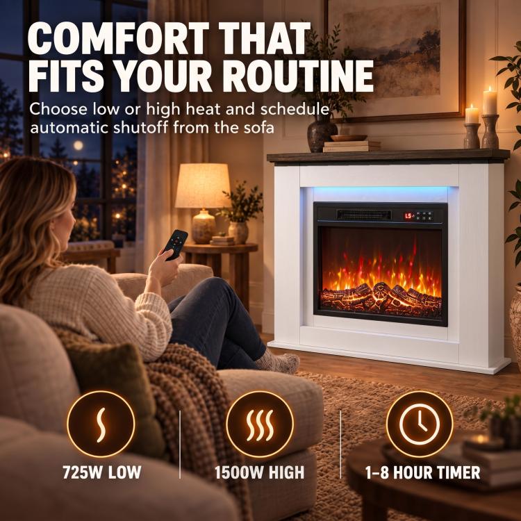 40 inch Electric Fireplace with Mantel, LED Strip, Fireplace TV Stand for 55 inch TVs, Adjustable Flame, White