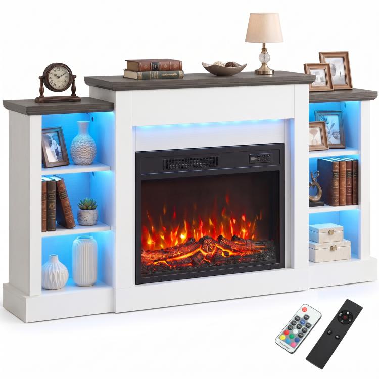 55 inch Fireplace TV Stand for TVs up to 65 inch, Entertainment Center TV Console, RGB LED Strips, 6 Shelves, White Wood Grain