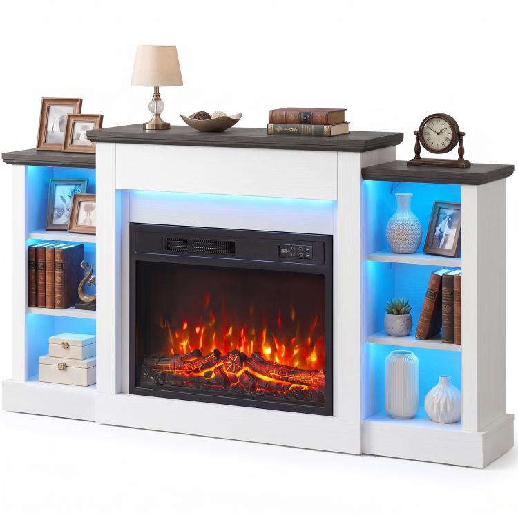 55 inch Fireplace TV Stand for TVs up to 65 inch, Entertainment Center TV Console, RGB LED Strips, 6 Shelves, White Wood Grain