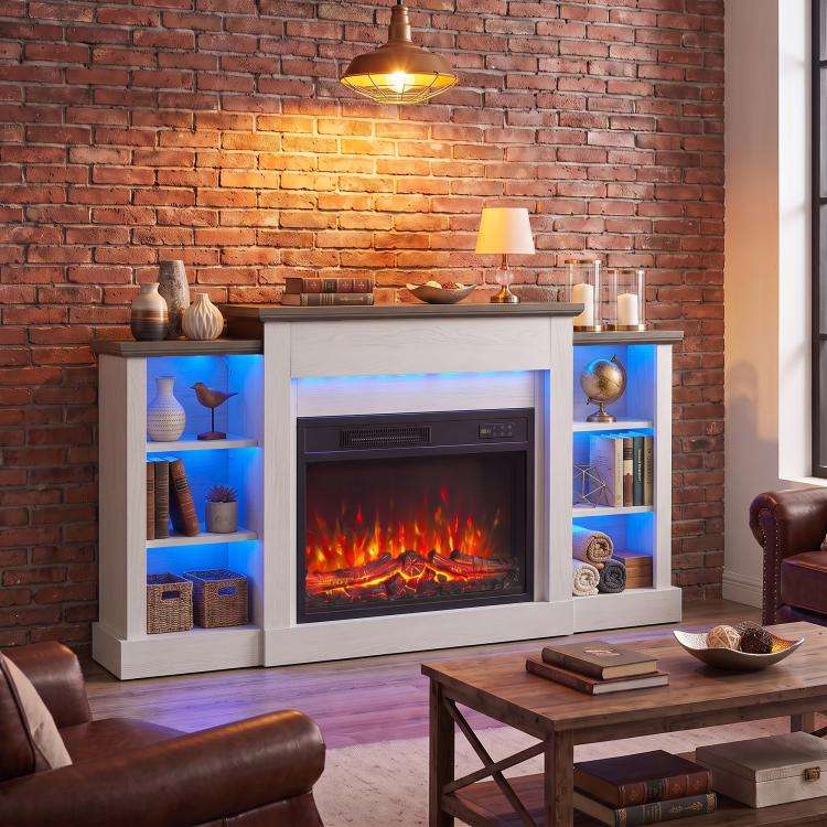 55 inch Fireplace TV Stand for TVs up to 65 inch, Entertainment Center TV Console, RGB LED Strips, 6 Shelves, White Wood Grain