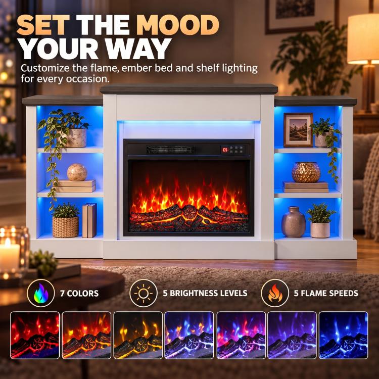 55 inch Fireplace TV Stand for TVs up to 65 inch, Entertainment Center TV Console, RGB LED Strips, 6 Shelves, White Wood Grain