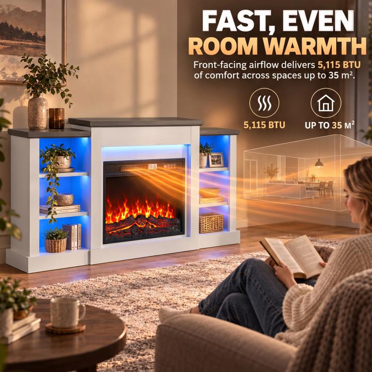 55 inch Fireplace TV Stand for TVs up to 65 inch, Entertainment Center TV Console, RGB LED Strips, 6 Shelves, White Wood Grain
