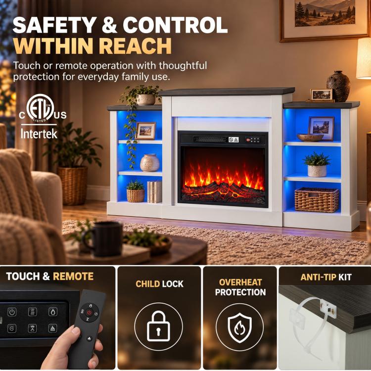 55 inch Fireplace TV Stand for TVs up to 65 inch, Entertainment Center TV Console, RGB LED Strips, 6 Shelves, White Wood Grain