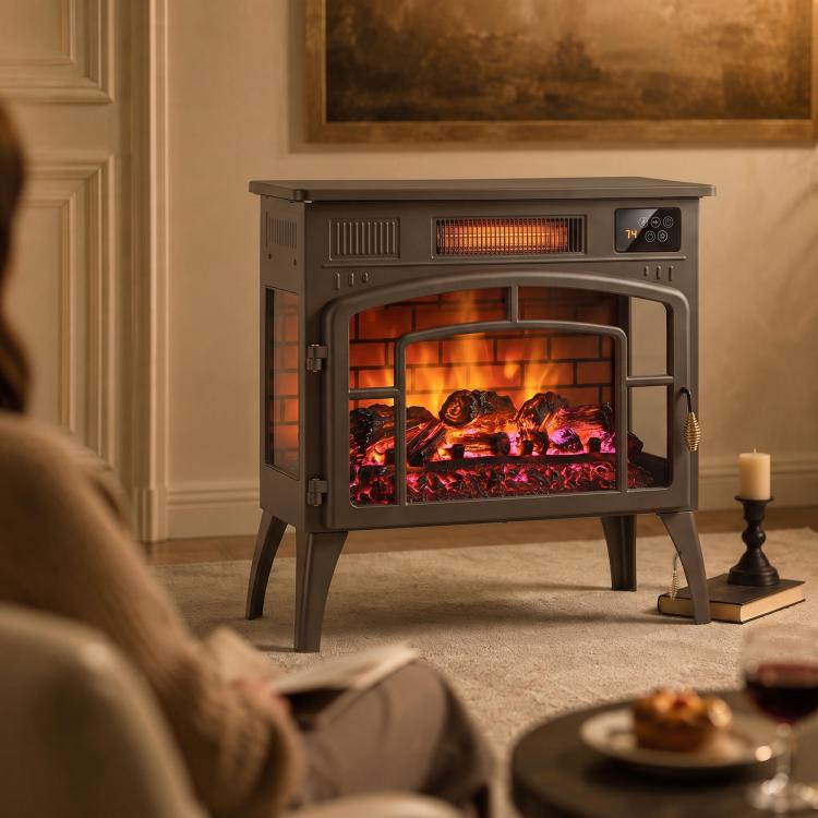 3-Sided Glass WiFi Electric Fire Heater, Smart Electric Fireplace Stove, Brown