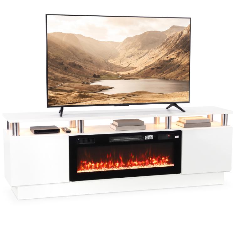 Electric Fireplace TV Stand for 80" TVs, 1800W LED Light Entertainment Center with Adjustable Flame, Remote, White