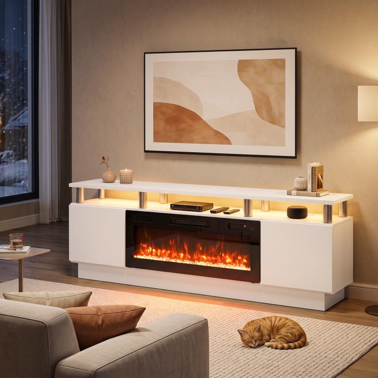 Electric Fireplace TV Stand for 80" TVs, 1800W LED Light Entertainment Center with Adjustable Flame, Remote, White