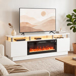 Electric Fireplace TV Stand for 80" TVs, 1800W LED Light Entertainment Center with Adjustable Flame, Remote, White