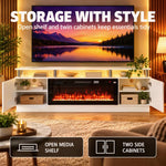 Electric Fireplace TV Stand for 80" TVs, 1800W LED Light Entertainment Center with Adjustable Flame, Remote, White