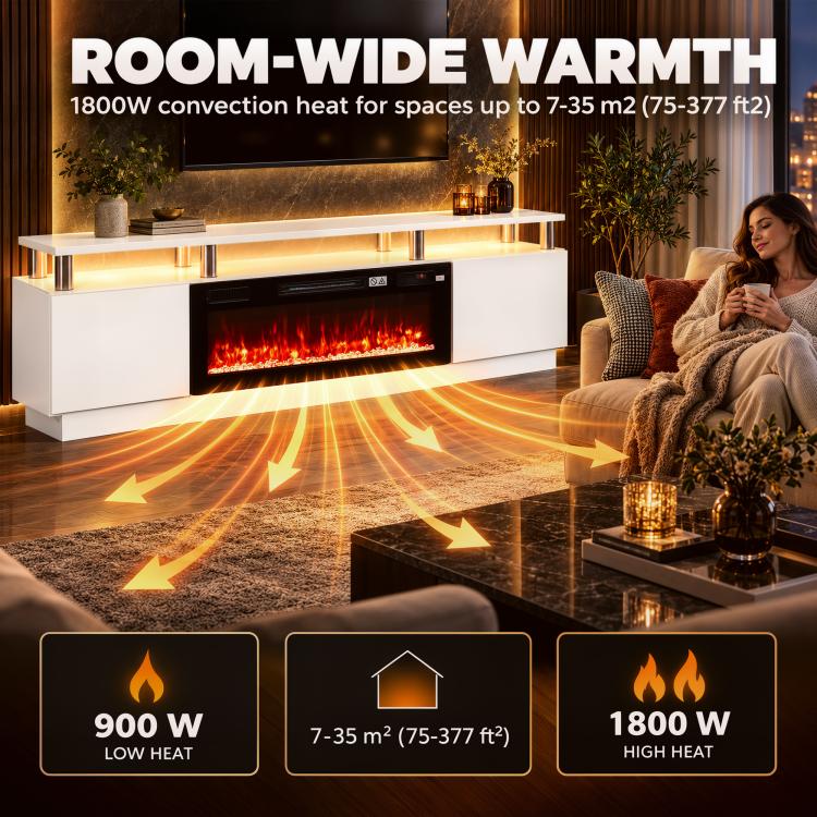 Electric Fireplace TV Stand for 80" TVs, 1800W LED Light Entertainment Center with Adjustable Flame, Remote, White