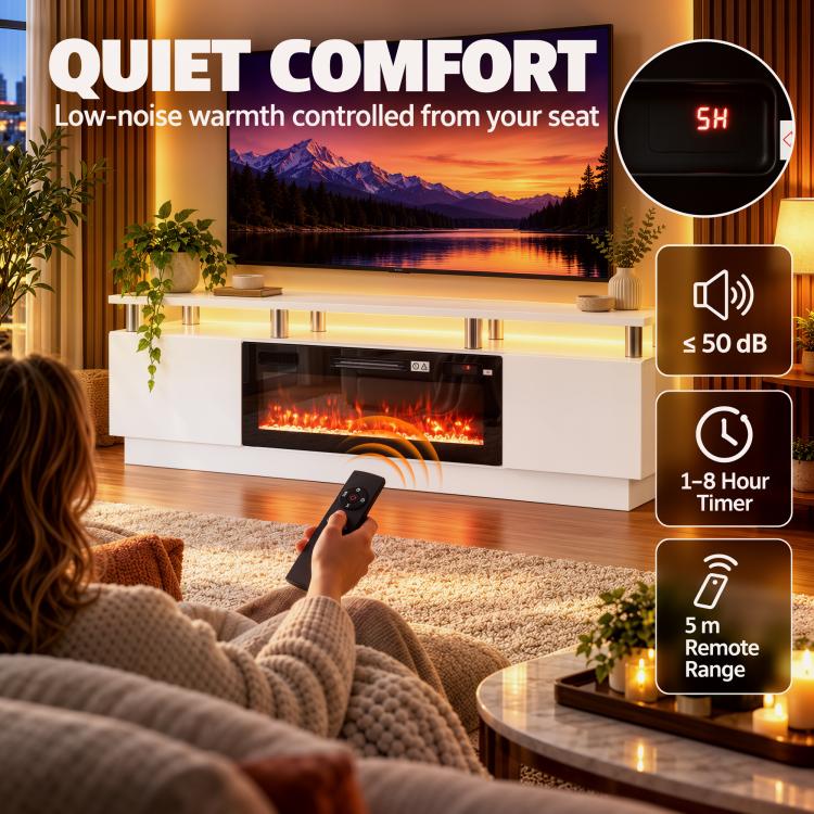 Electric Fireplace TV Stand for 80" TVs, 1800W LED Light Entertainment Center with Adjustable Flame, Remote, White