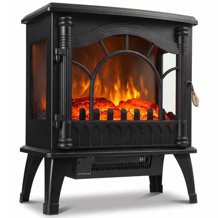 3-Sided Glass Electric Fire Fan Heater, Electric Fireplace Stove Freestanding Log Burner with Flame Effect, Black