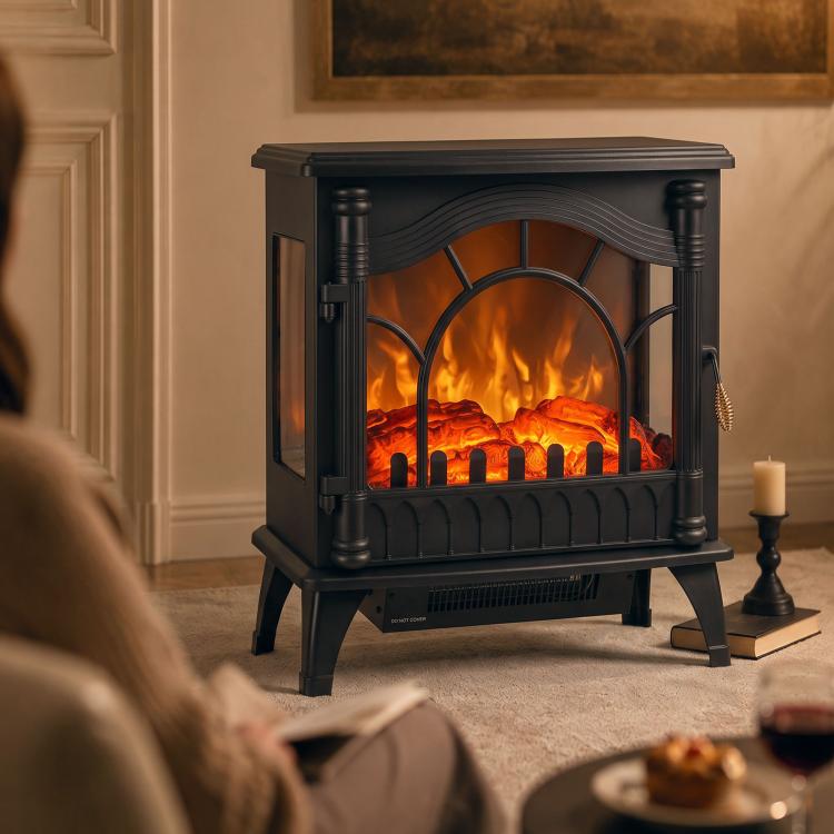 3-Sided Glass Electric Fire Fan Heater, Electric Fireplace Stove Freestanding Log Burner with Flame Effect, Black