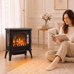 3-Sided Glass Electric Fire Fan Heater, Electric Fireplace Stove Freestanding Log Burner with Flame Effect, Black