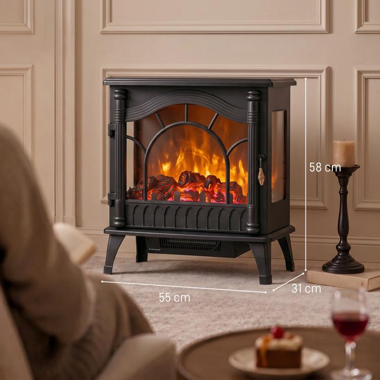 3-Sided Glass Electric Fire Fan Heater, Electric Fireplace Stove Freestanding Log Burner with Flame Effect, Black