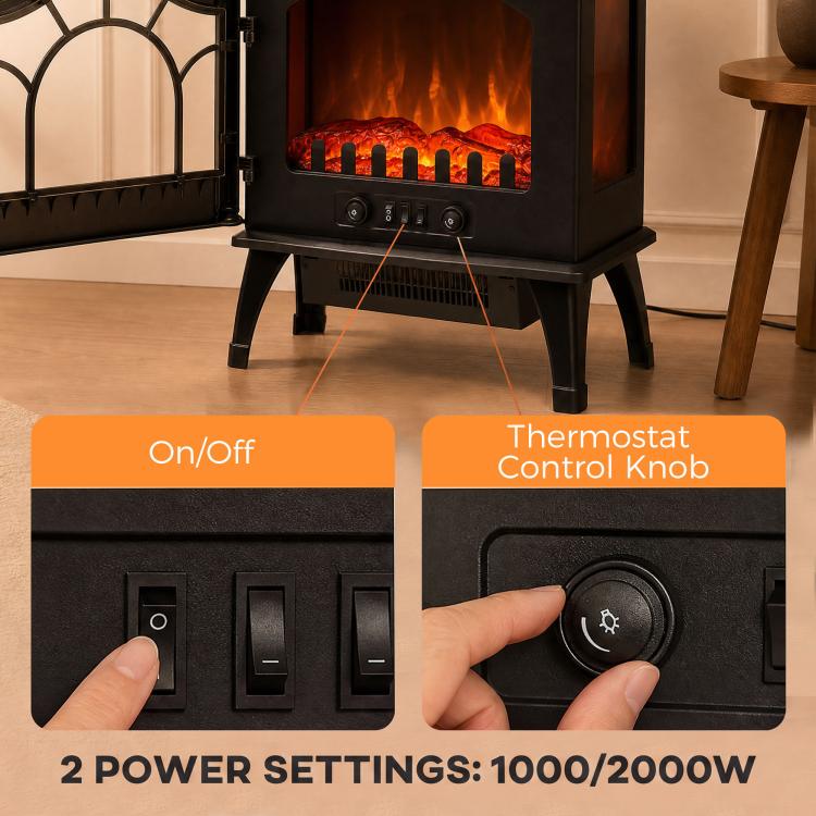 3-Sided Glass Electric Fire Fan Heater, Electric Fireplace Stove Freestanding Log Burner with Flame Effect, Black