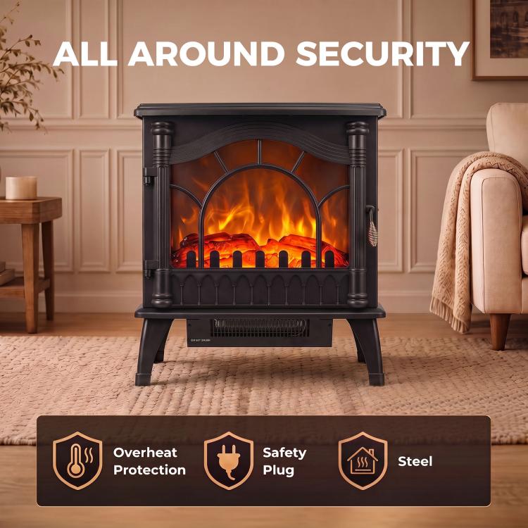 3-Sided Glass Electric Fire Fan Heater, Electric Fireplace Stove Freestanding Log Burner with Flame Effect, Black