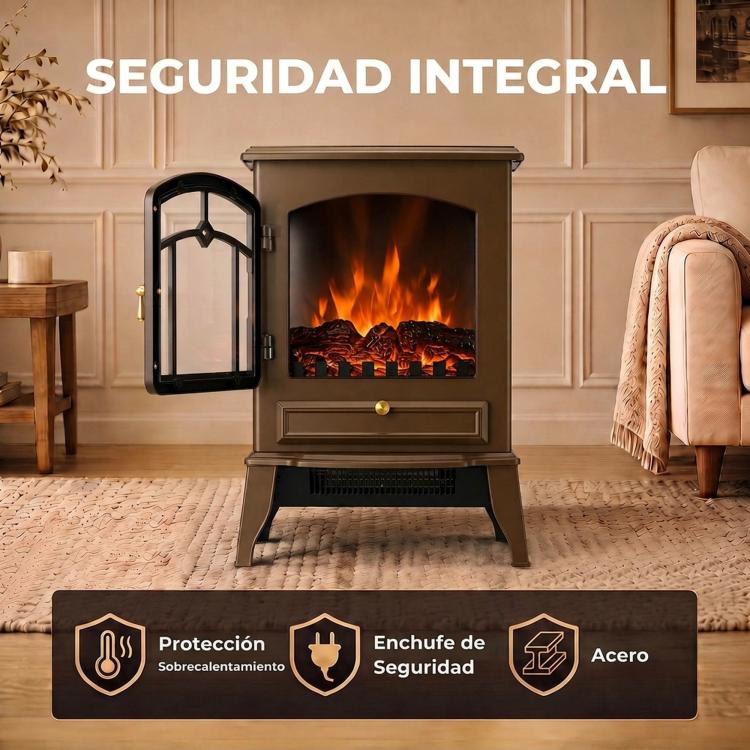 Caminetto elettrico marrone 1000/2000 W con fiamma a 3 lati - immagine 9