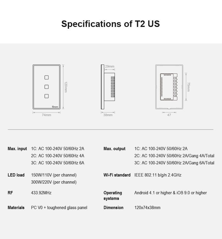 Sonoff T2 Interruttore Touch da Parete in Vetro 120mm
