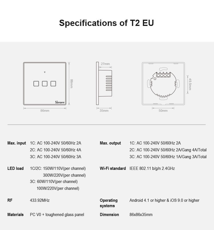 Sonoff T2 Touch Interruttore da Parete in Vetro 86mm