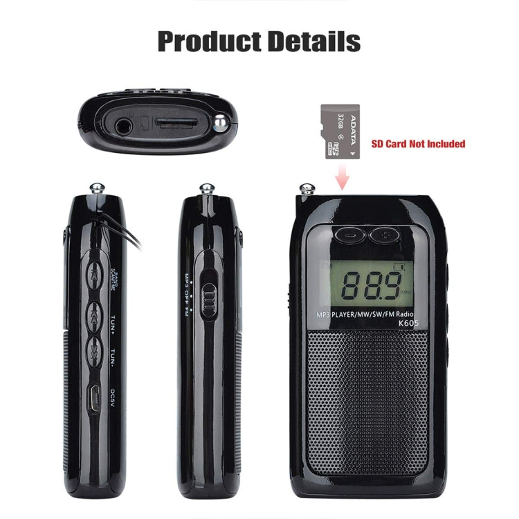 Radio portatile K-605 FM AM SW con supporto scheda TF