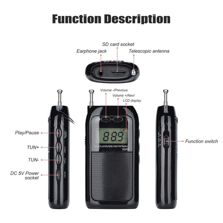 Radio portatile K-605 FM AM SW con supporto scheda TF