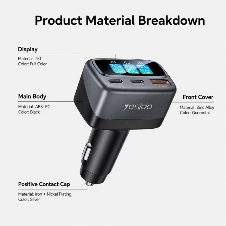 Caricabatterie da auto Yesido Y75 da 105 W con display TFT, 3 porte: 1 USB-A e 2 USB-C, adattatore per ricarica rapida.