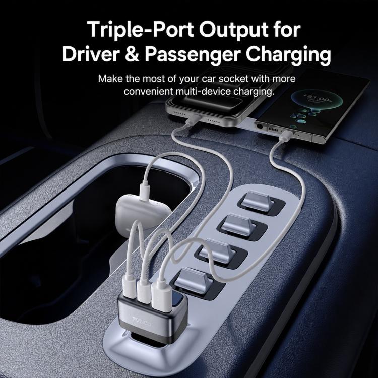 Caricabatterie da auto Yesido Y75 da 105 W con display TFT, 3 porte: 1 USB-A e 2 USB-C, adattatore per ricarica rapida.