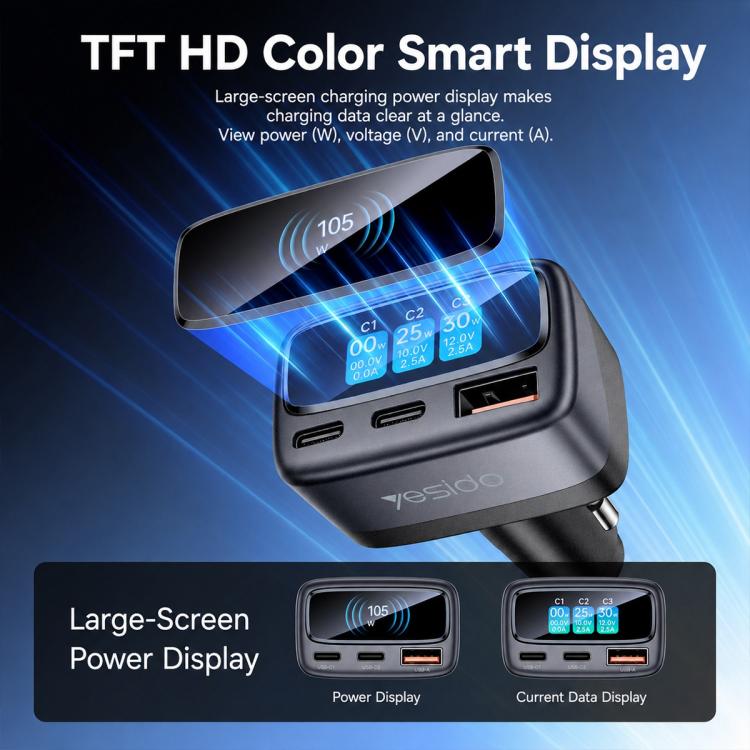 Caricabatterie da auto Yesido Y75 da 105 W con display TFT, 3 porte: 1 USB-A e 2 USB-C, adattatore per ricarica rapida.